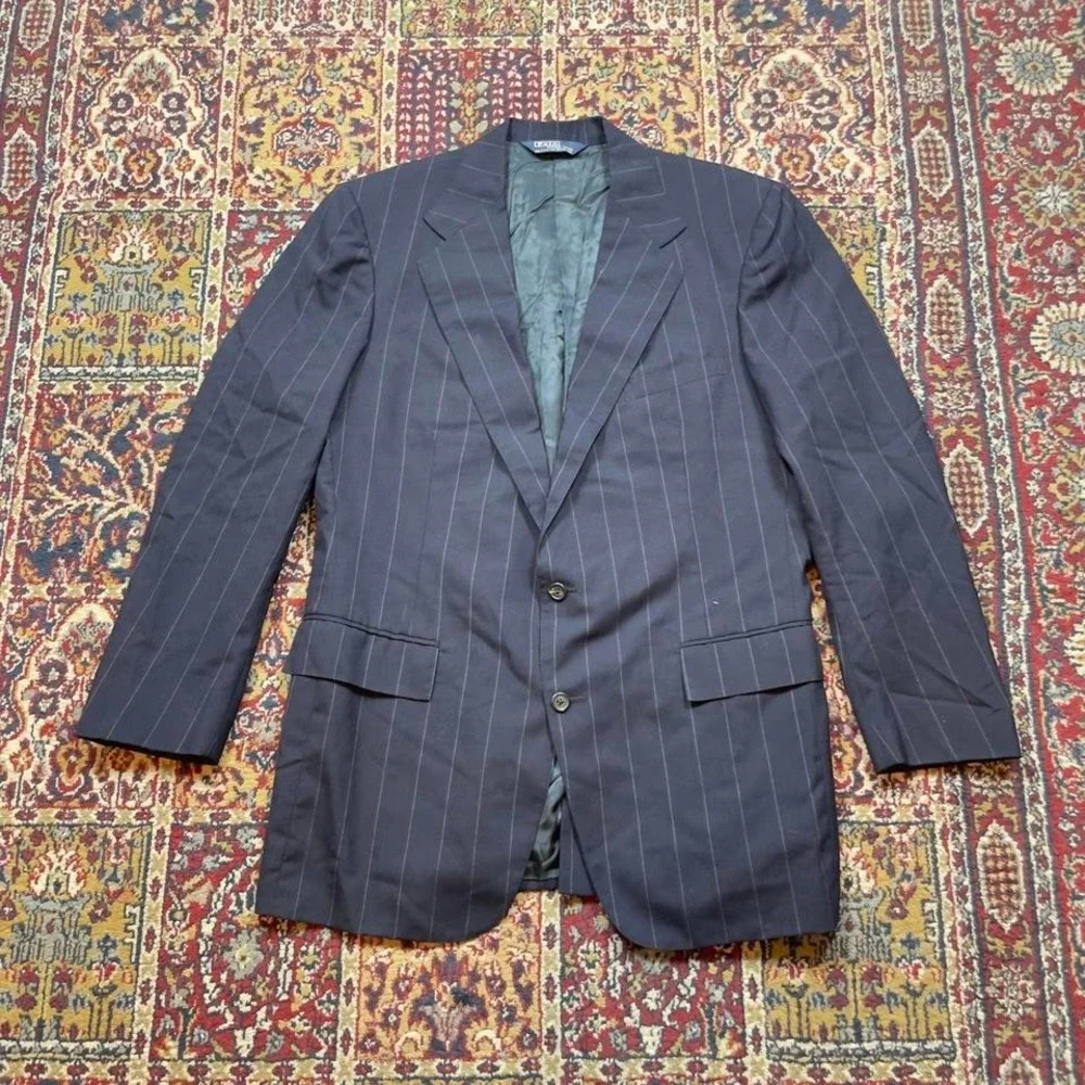 VTG 90s Polo Ralph Lauren pinstripe two‎ button suit blazer jacket 42 USA Blue